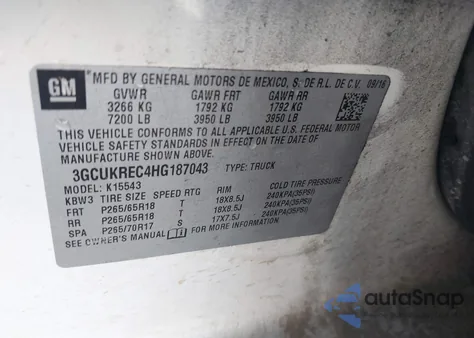 2017 Chevrolet Silverado 1500 2Lt z USA, uszkodzony, nr VIN 3GCUKREC4HG187043